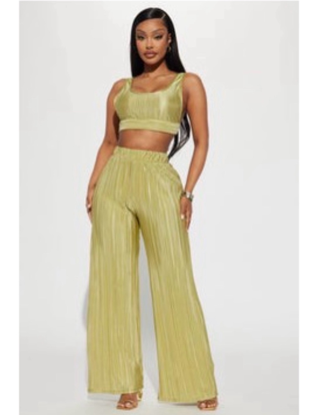 Fashion Nova Olive Wide-Leg Pleated Pant & Cropped Tank Set